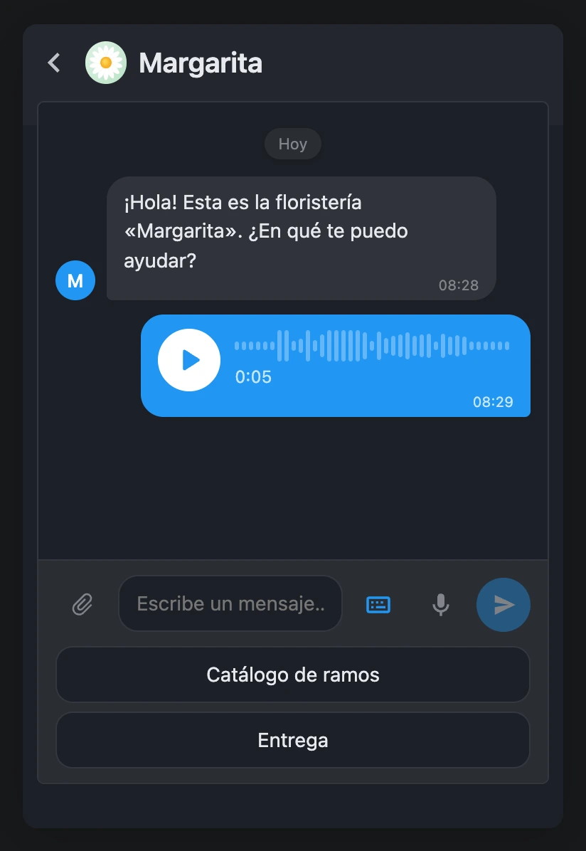 Un mensaje de voz en el chat de un sitio: el visitante lo grabó y lo envió, y la conversación muestra un reproductor con la forma de onda y la duración