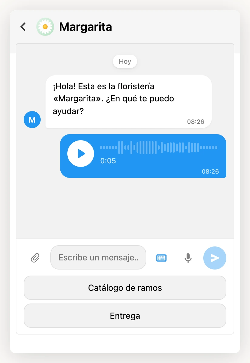 Un mensaje de voz en el chat de un sitio: el visitante lo grabó y lo envió, y la conversación muestra un reproductor con la forma de onda y la duración