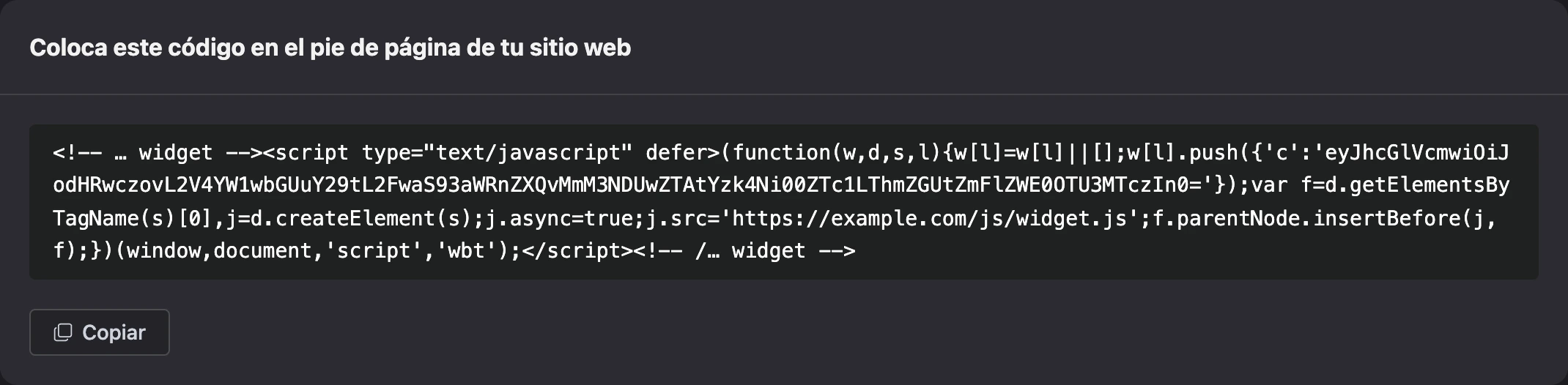 Código del widget para el sitio web y el botón Copiar