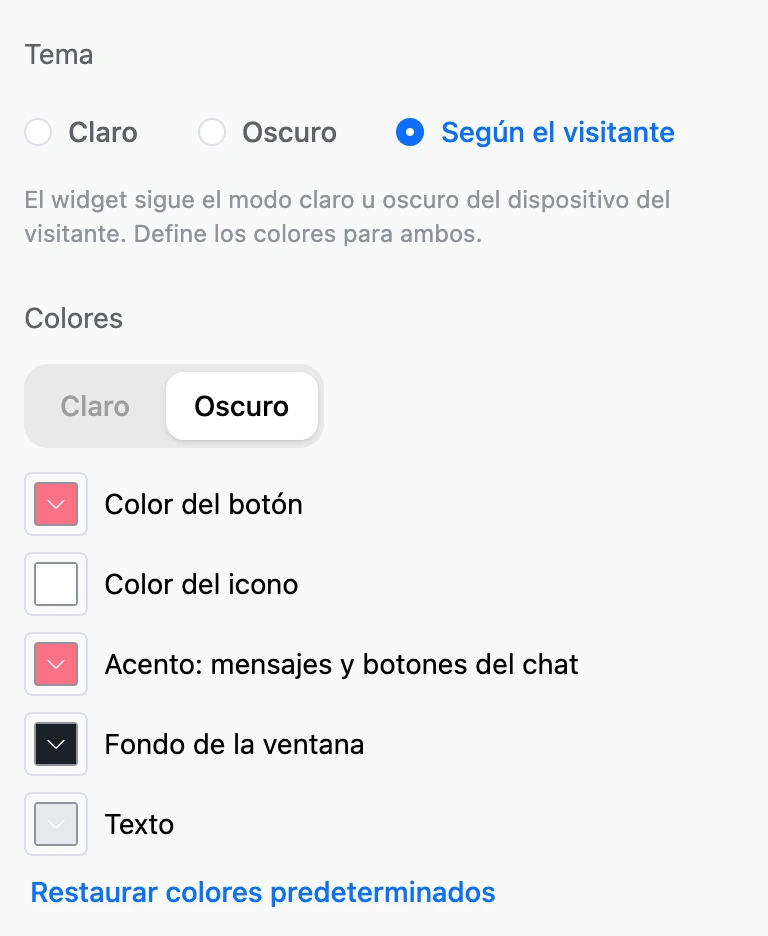 Los ajustes «Nota al pie», «Tema» y «Colores»