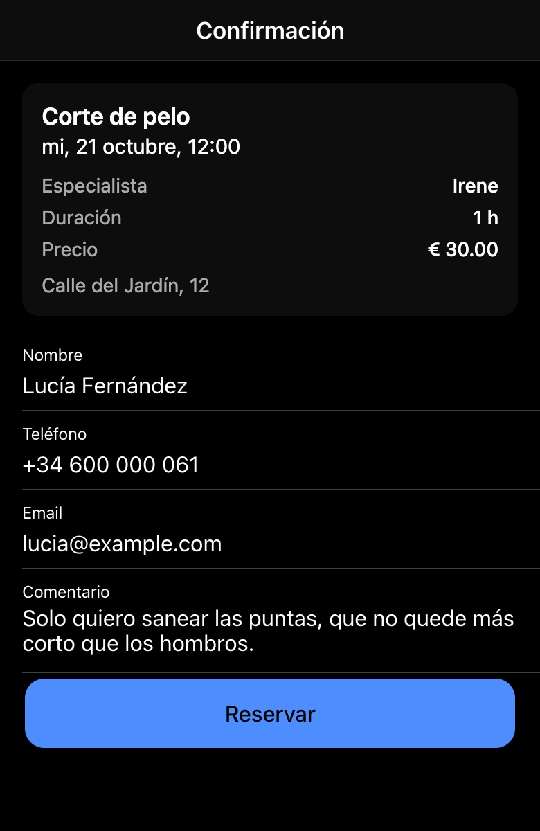 Confirmar reserva en la mini app: nombre, teléfono, email y comentario