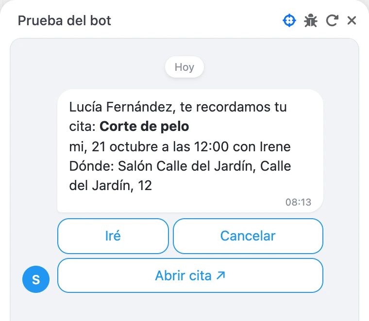 Recordatorio de cita con el botón «Abrir cita»
