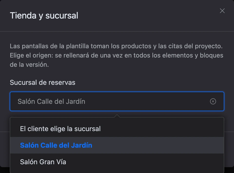 La ventana «Tienda y sucursal»: elegir la sucursal de reservas