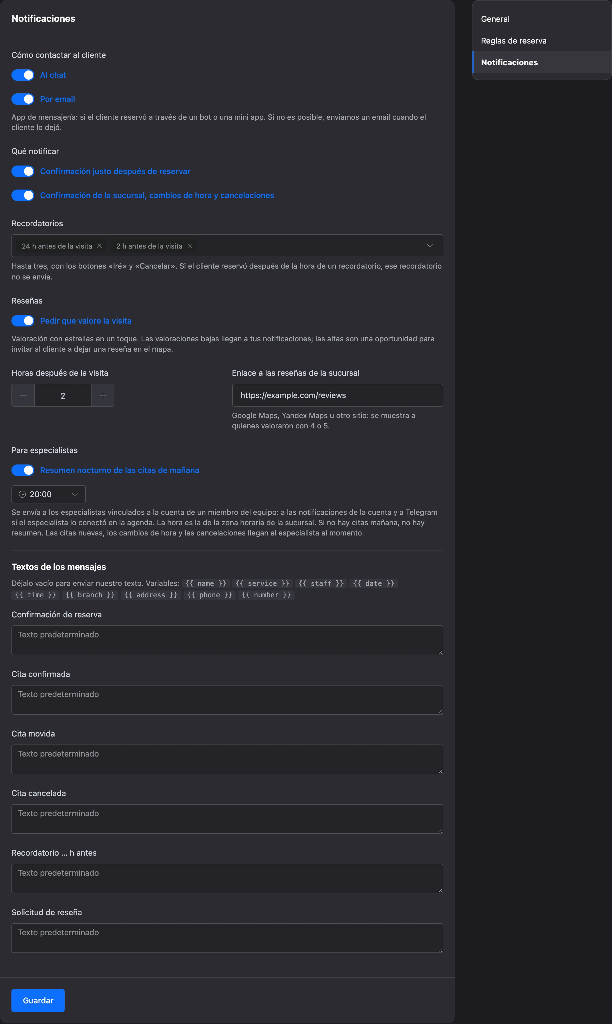 Configuración de las notificaciones de la sucursal