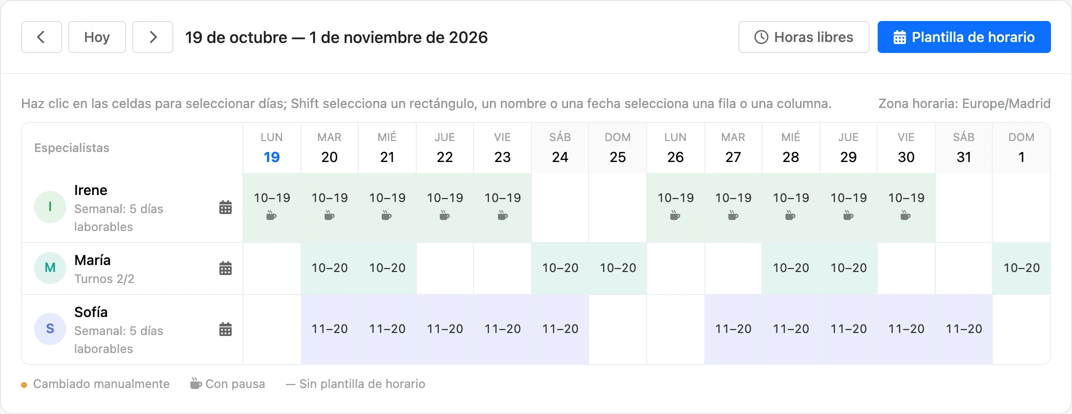 Tabla del horario de los especialistas