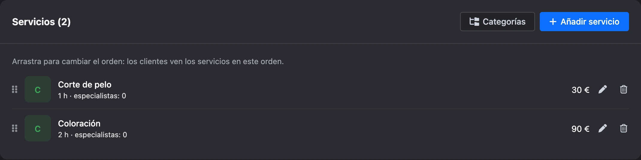 Servicios de la sucursal con duración y precio