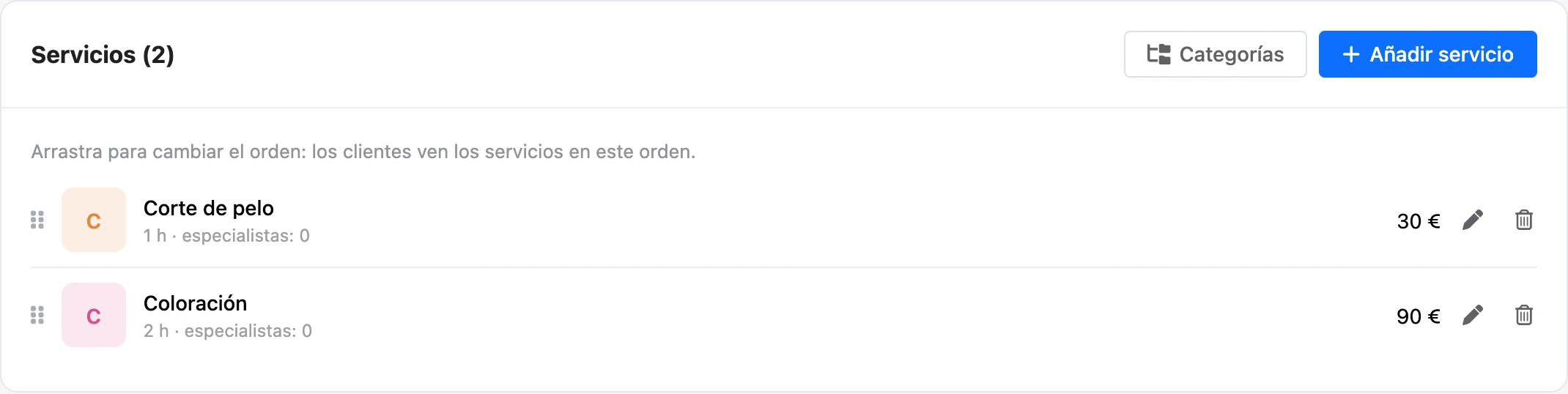 Servicios de la sucursal con duración y precio