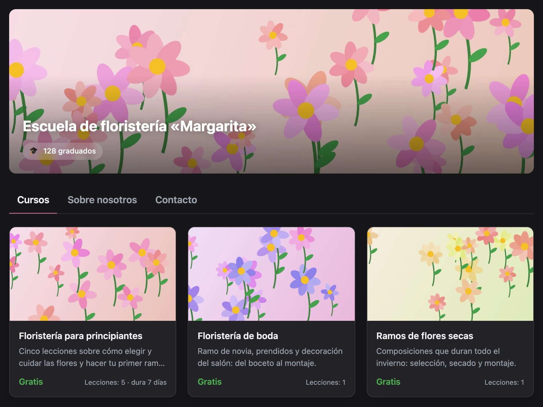 Catálogo de cursos: portada de la escuela, pestañas de páginas y tarjetas de cursos