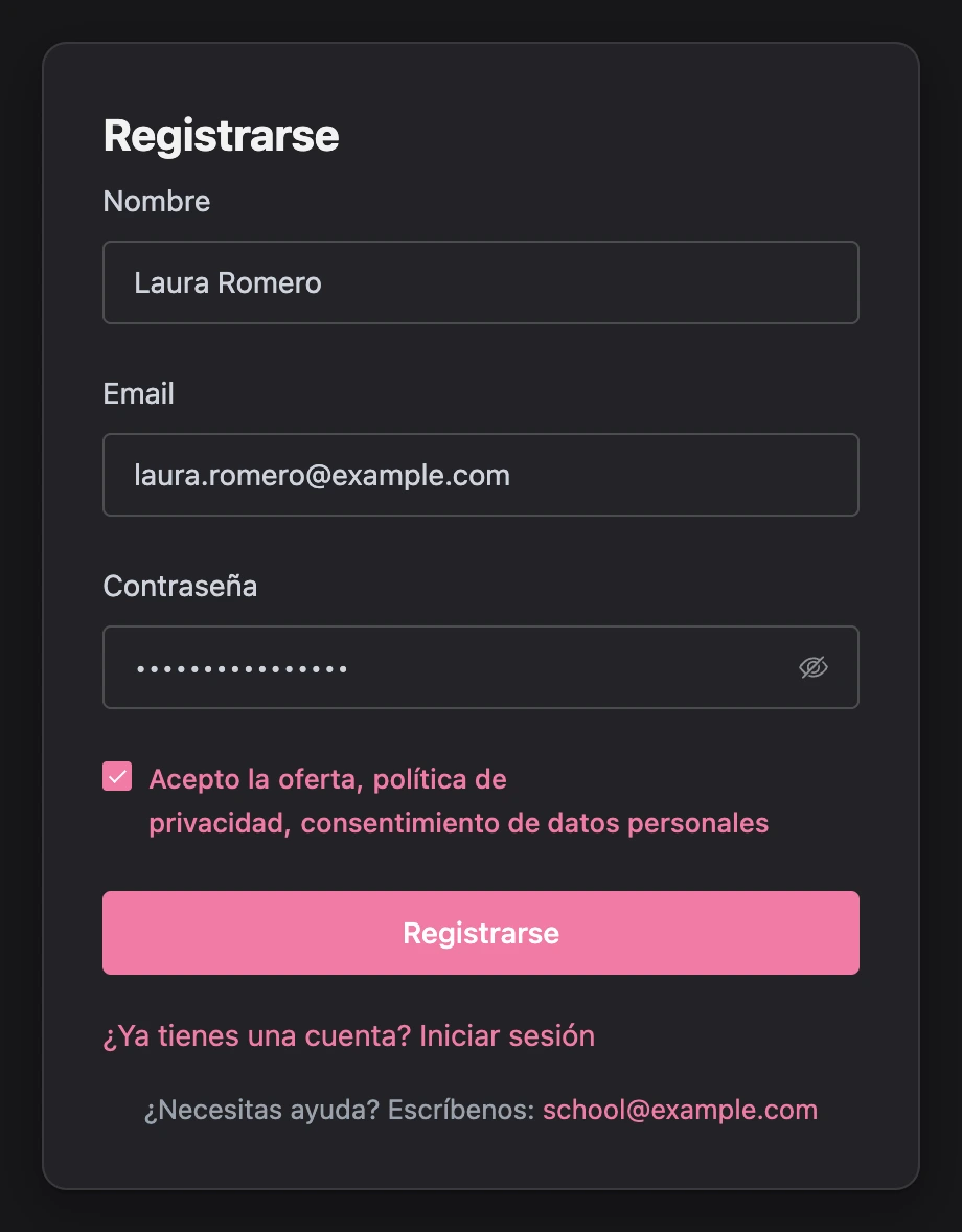 El formulario de registro en el portal del alumno