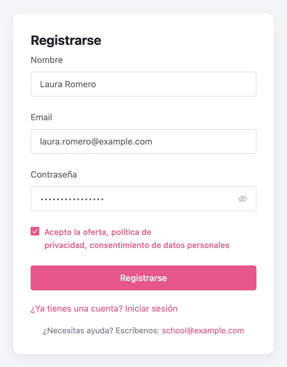 El formulario de registro en el portal del alumno
