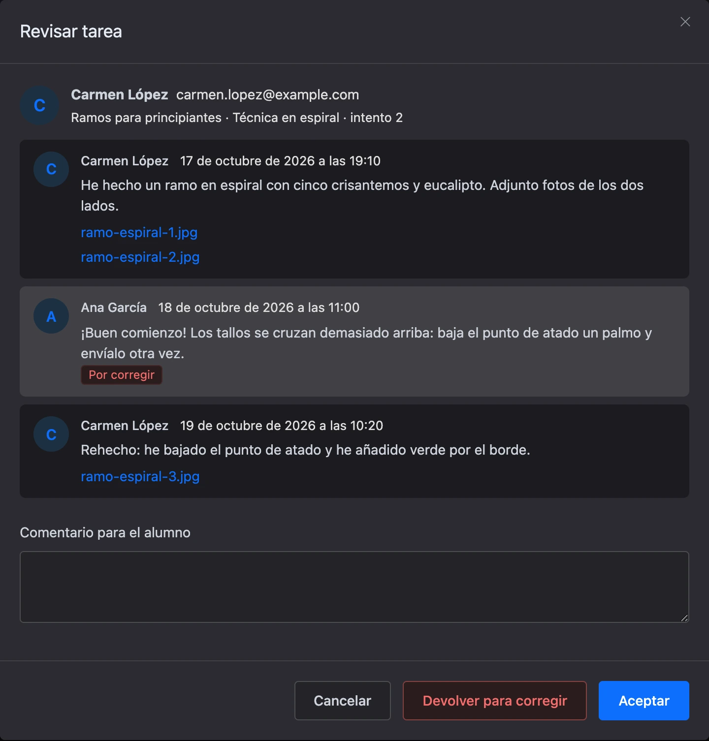 La ventana de revisión de la tarea con la conversación entre alumno y tutor