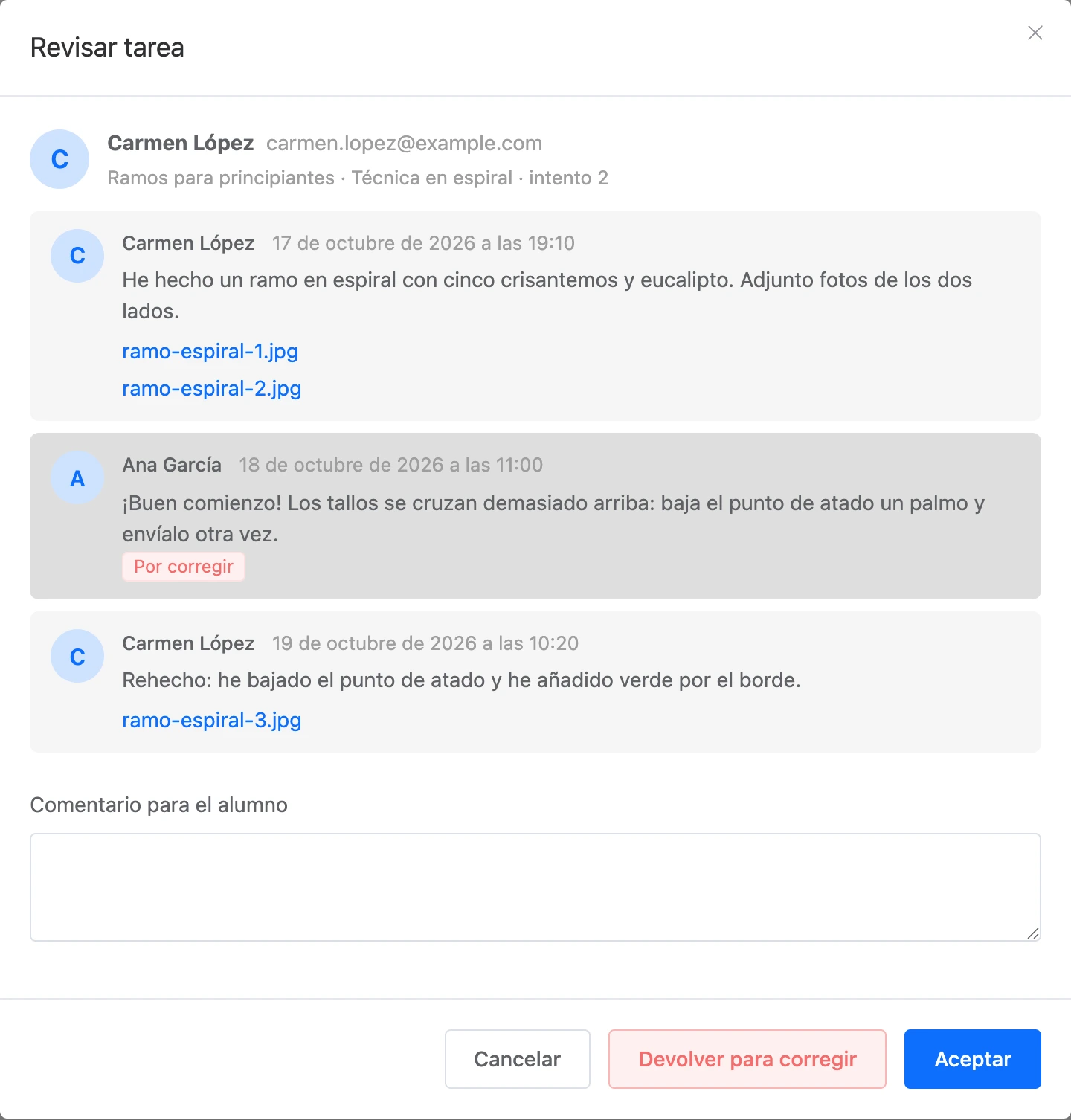 La ventana de revisión de la tarea con la conversación entre alumno y tutor