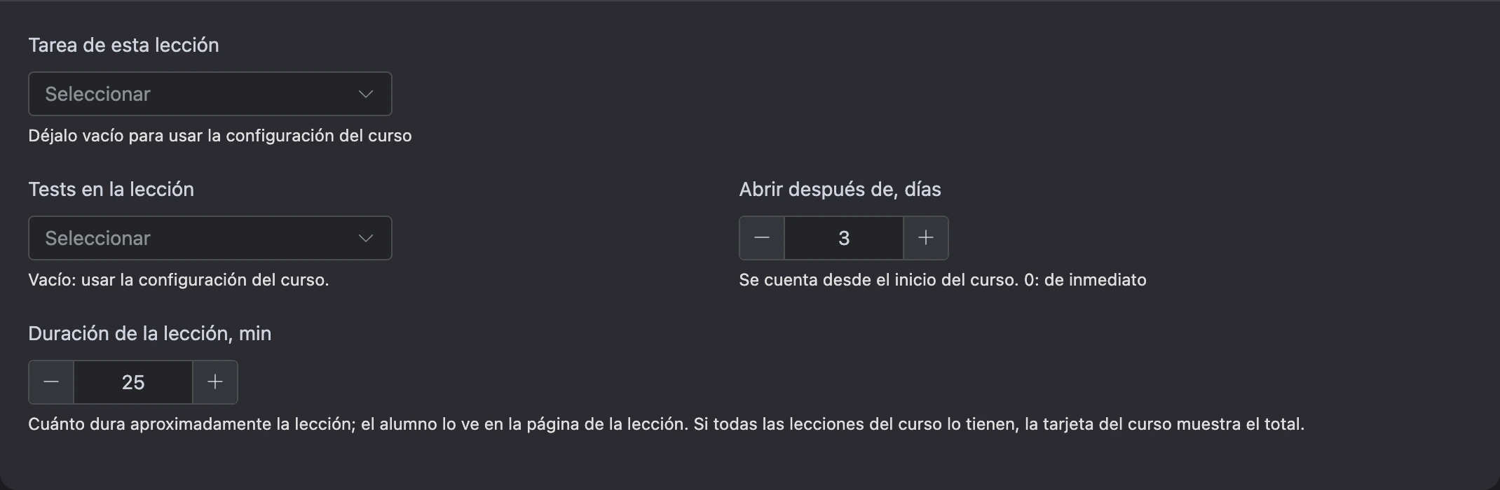 La configuración de la lección debajo del contenido