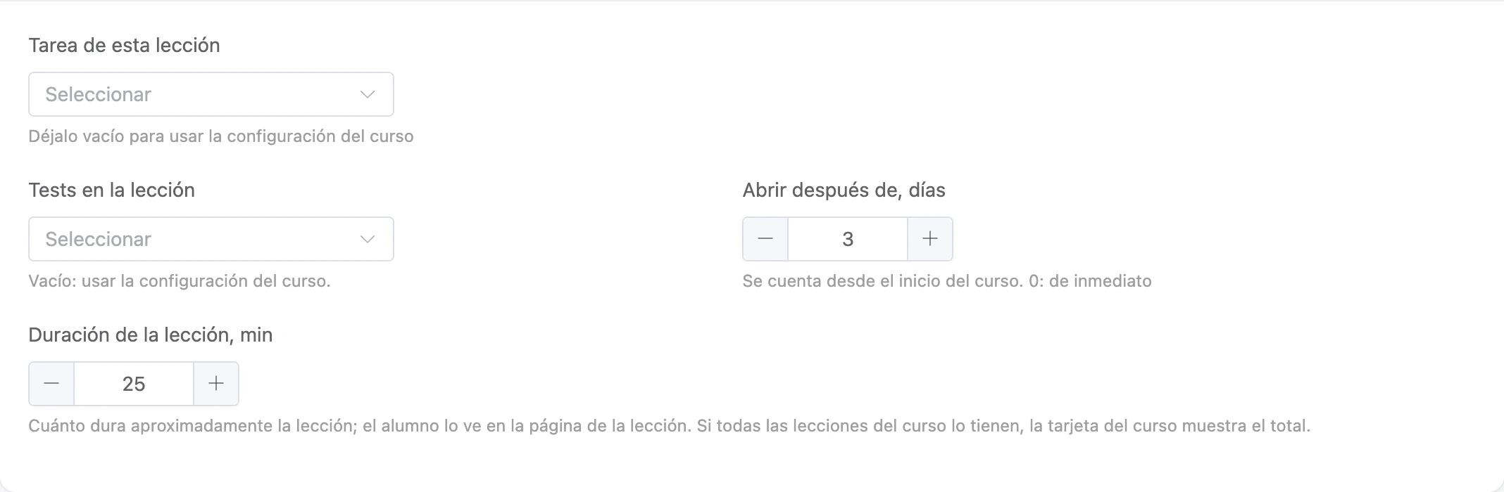 La configuración de la lección debajo del contenido