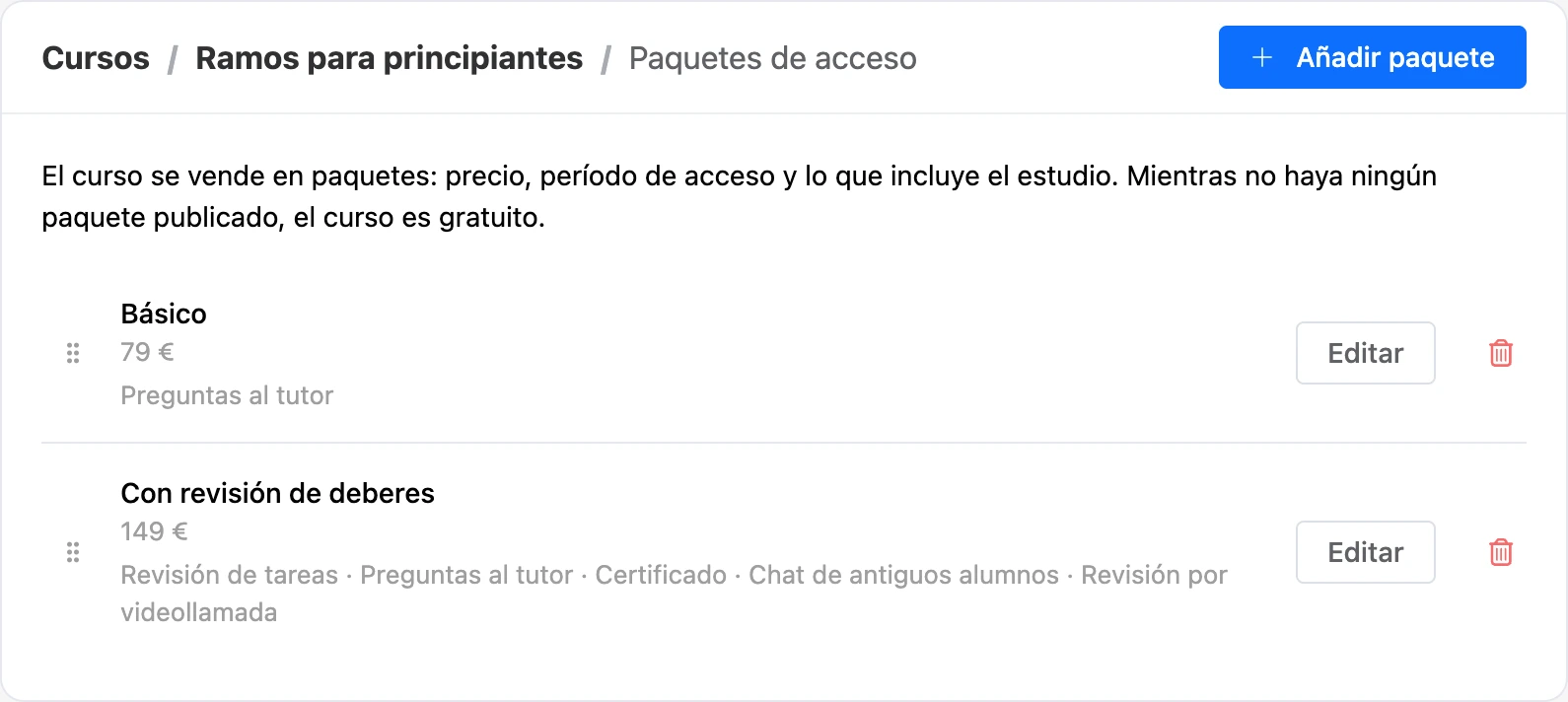 Los paquetes de acceso de un curso