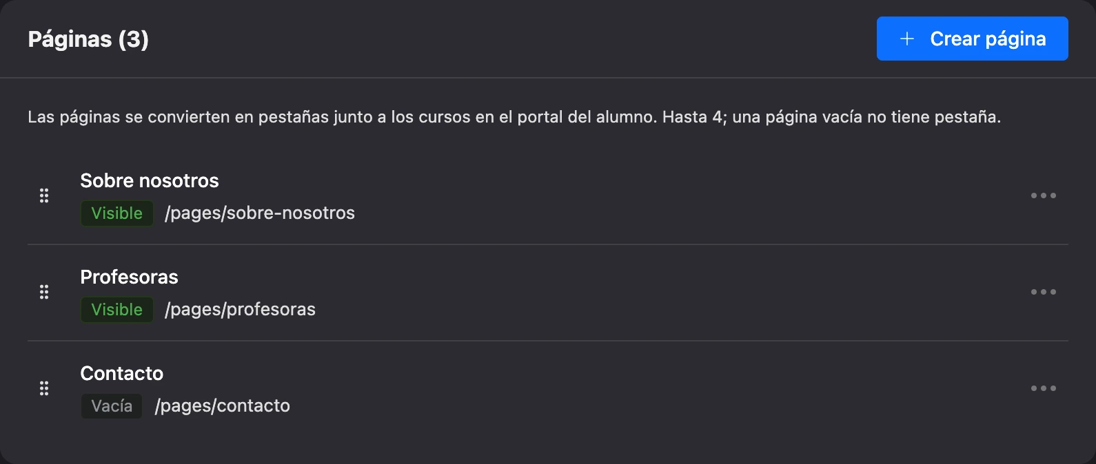 La subsección Páginas con las páginas de la escuela