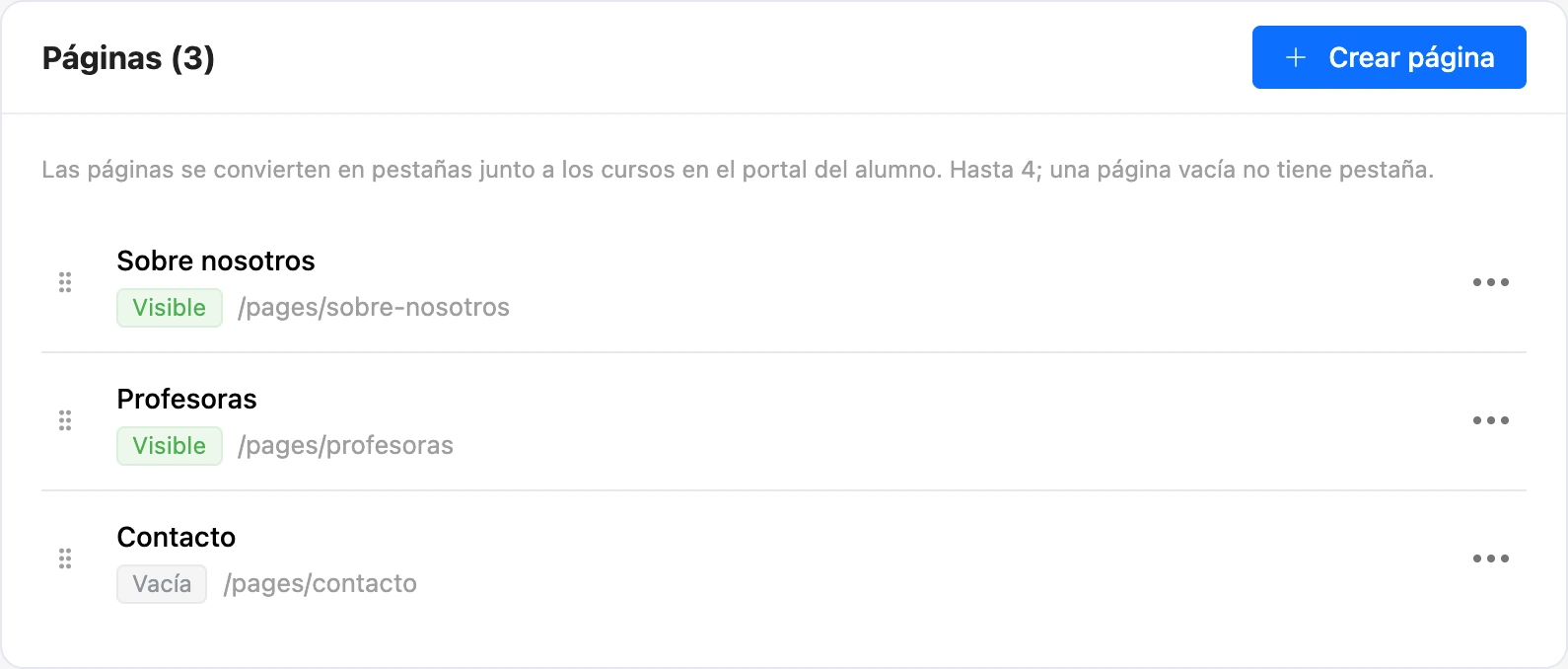 La subsección Páginas con las páginas de la escuela