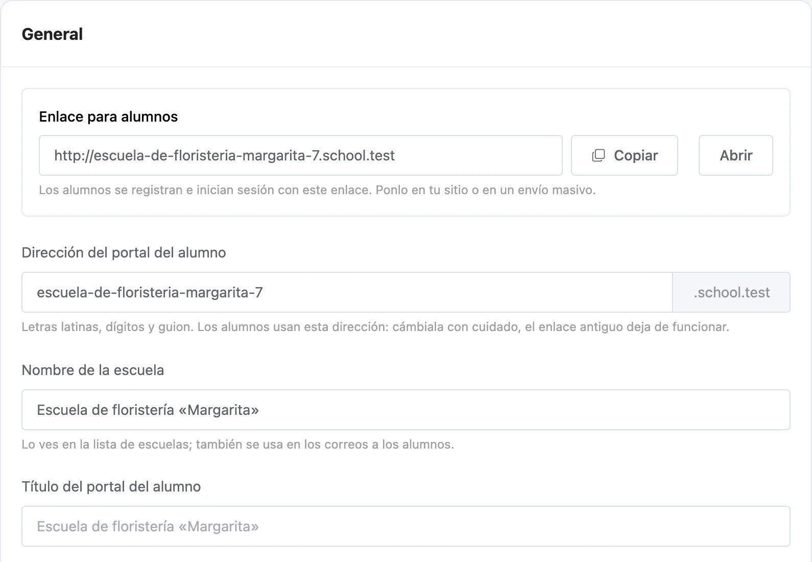 El enlace para alumnos y los primeros campos de la configuración principal de la escuela