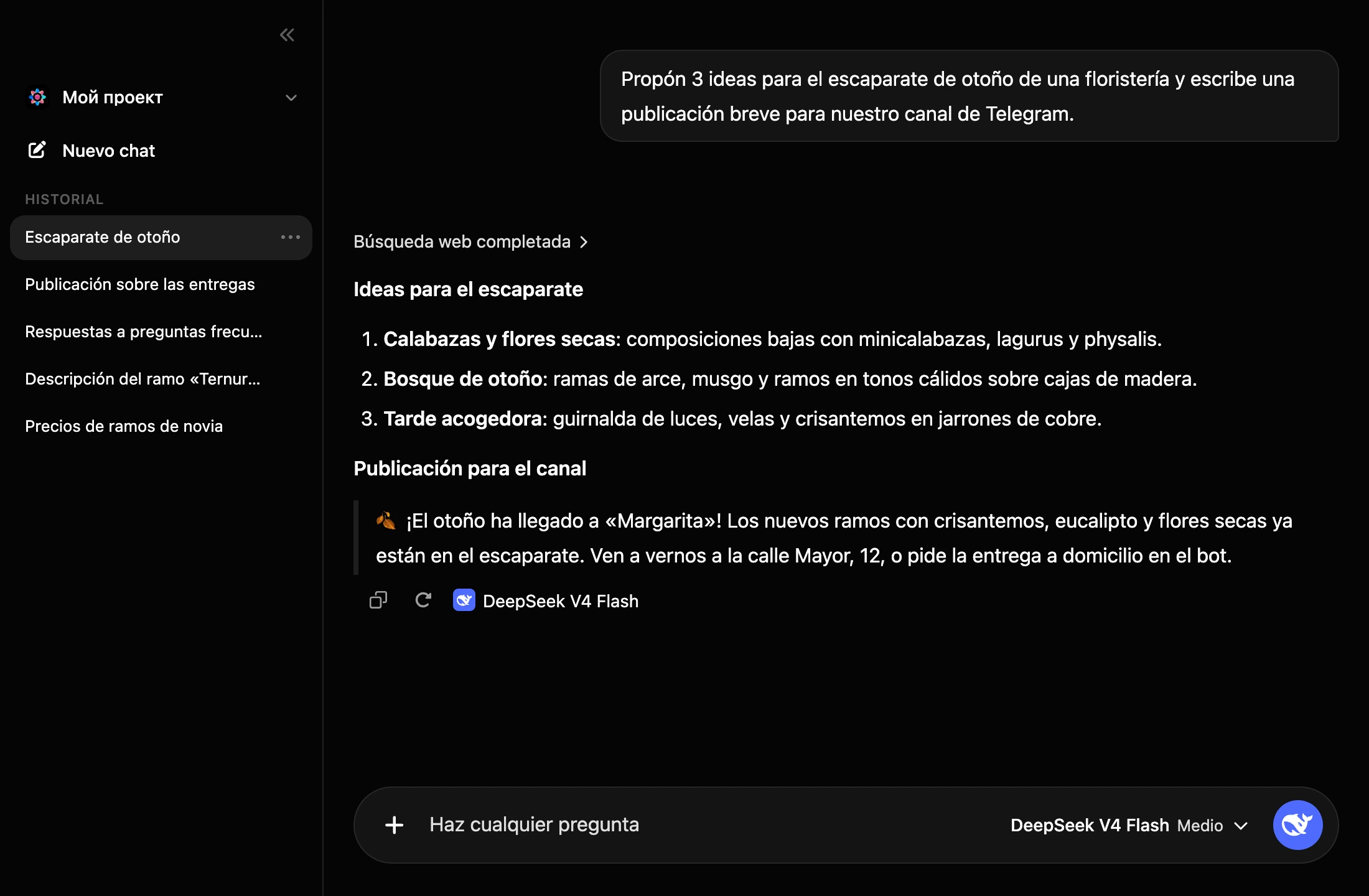 Chat de IA: la lista de conversaciones y una respuesta con búsqueda web