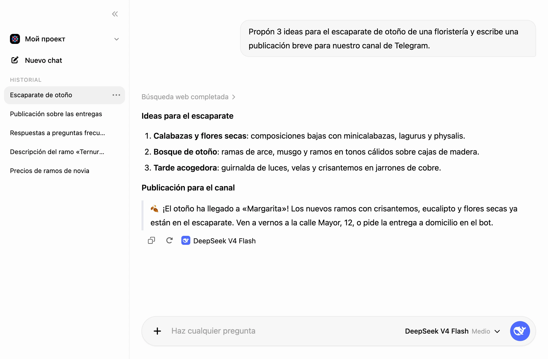 Chat de IA: la lista de conversaciones y una respuesta con búsqueda web