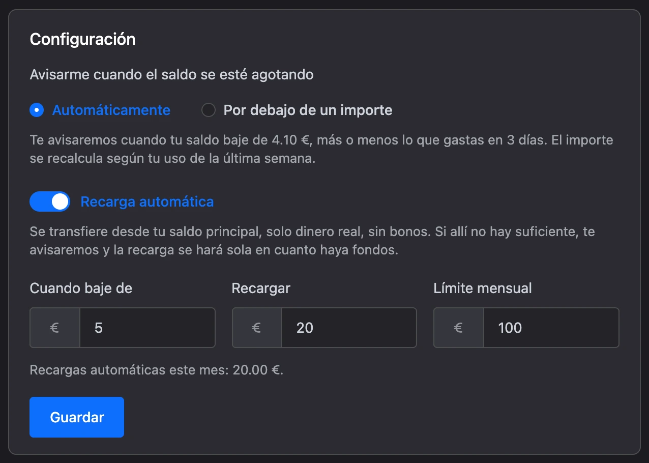 El bloque «Configuración» con la recarga automática activada