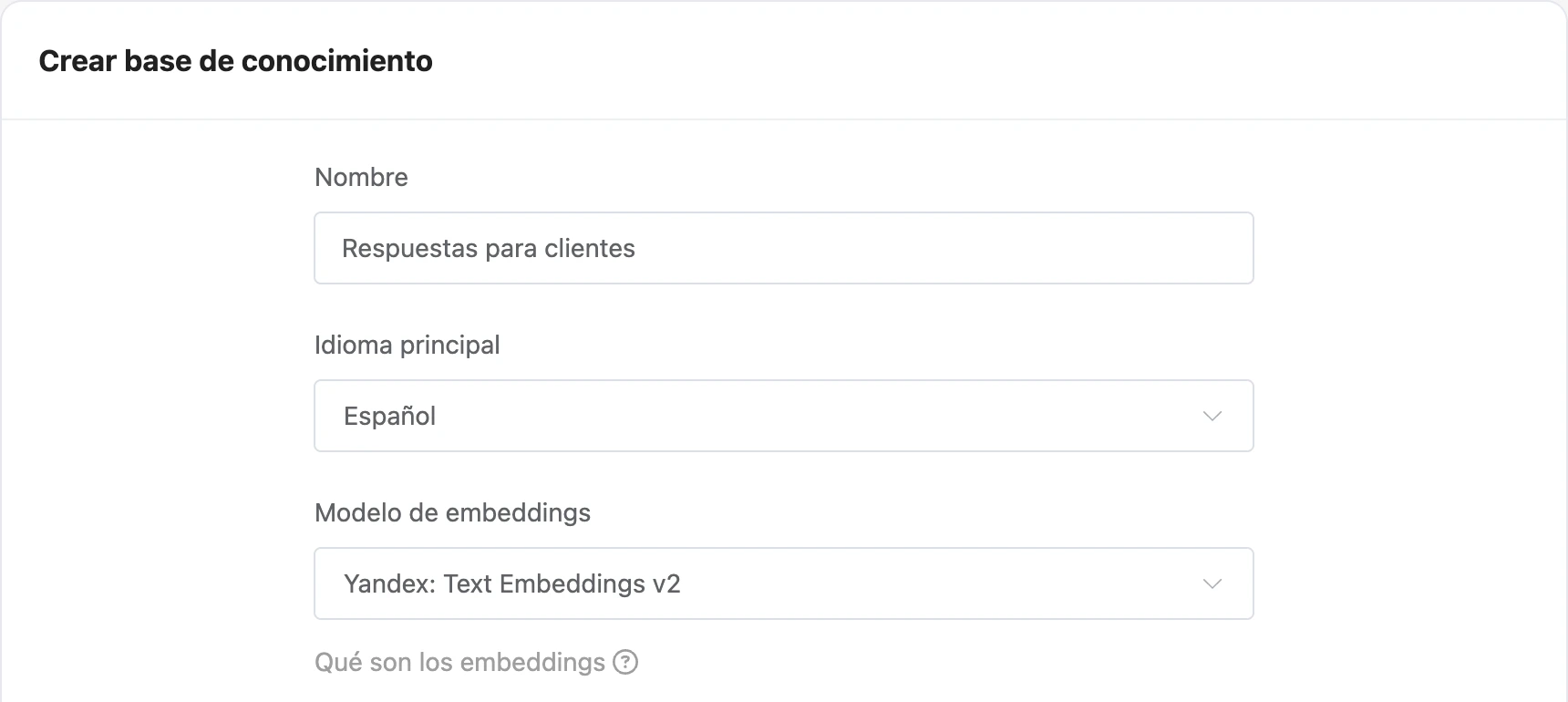 Formulario de creación de una base de conocimiento