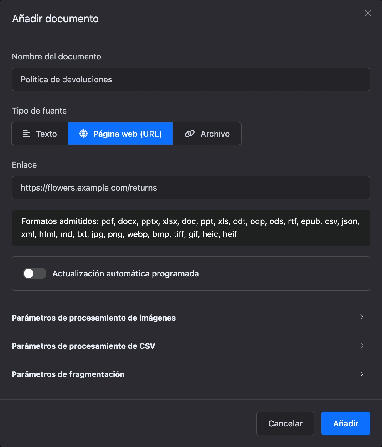 Ventana de nuevo documento: una página web por enlace