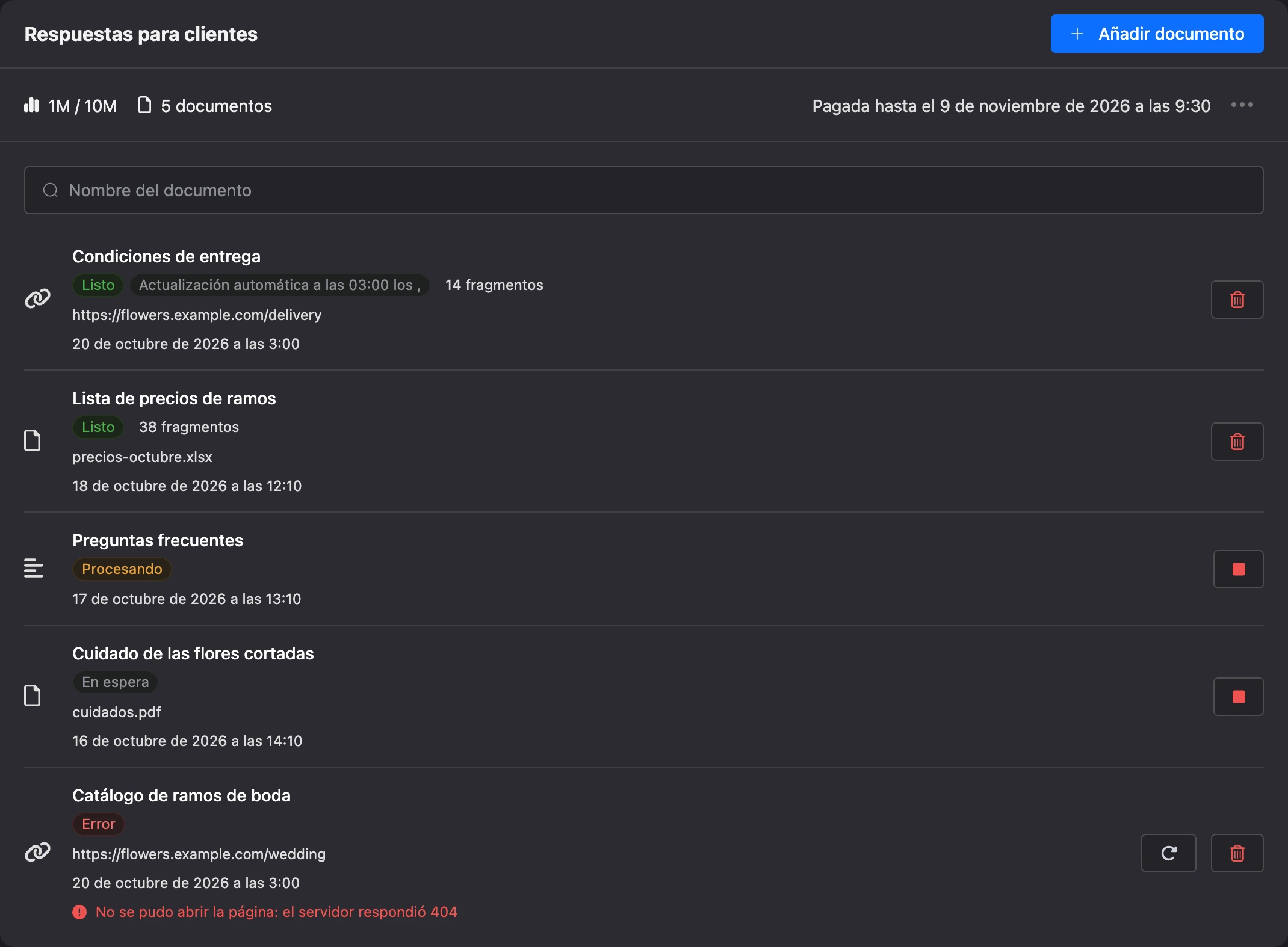 La página Documentos con documentos en distintos estados