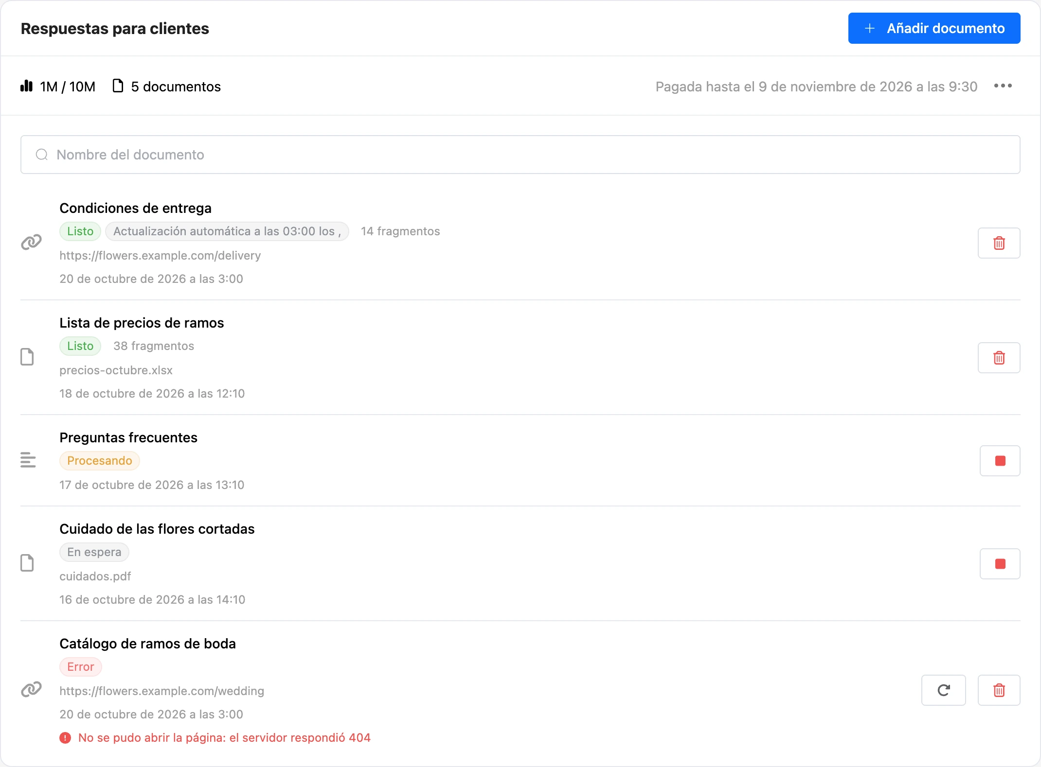 La página Documentos con documentos en distintos estados