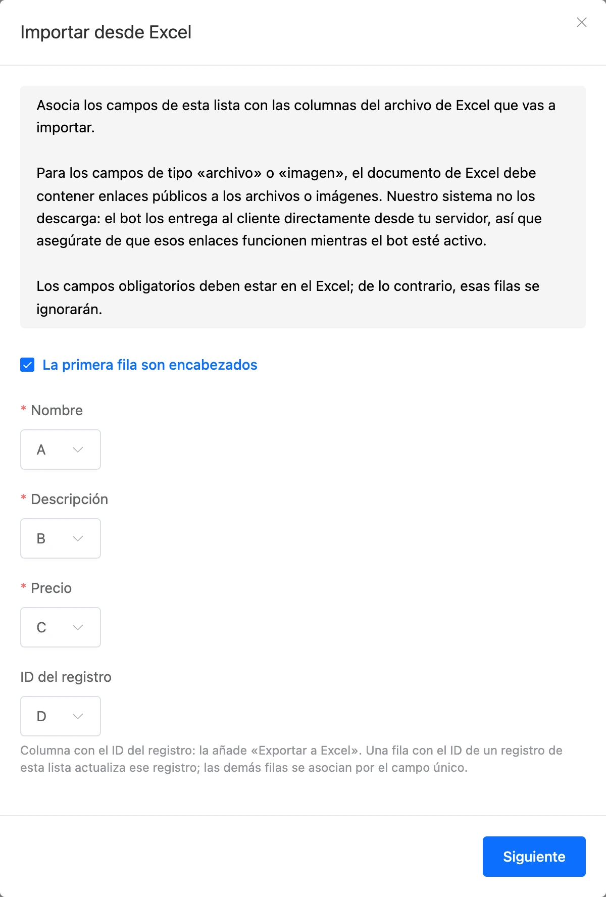 La ventana «Importar desde Excel», primer paso: columnas del archivo para los campos de la lista y la columna ID