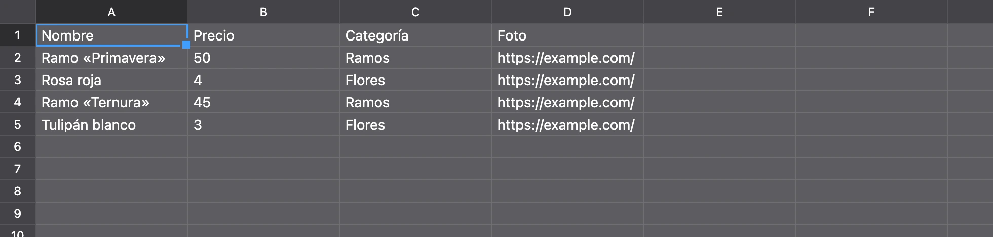 Una hoja para el bot: encabezados en la primera fila, enlaces a fotos en la columna D