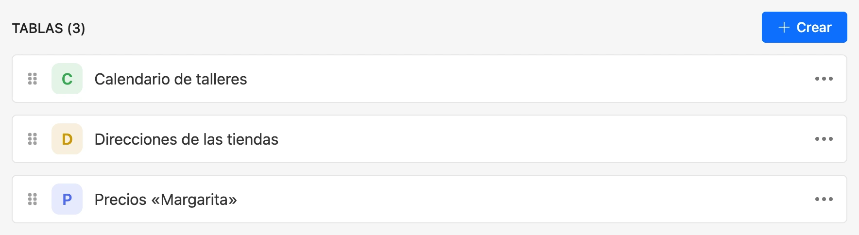 La lista de tablas del proyecto
