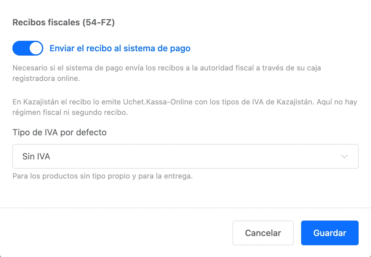 Configuración de recibos de Robokassa para Kazajistán