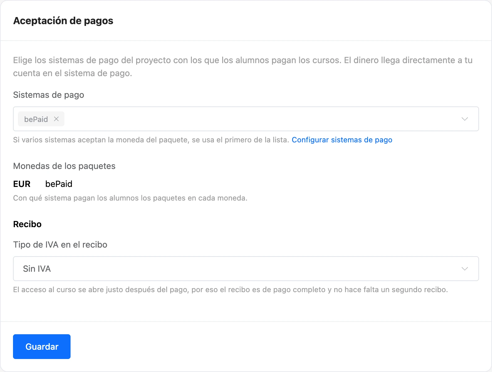 El tipo de IVA del recibo en la configuración de pagos de la escuela