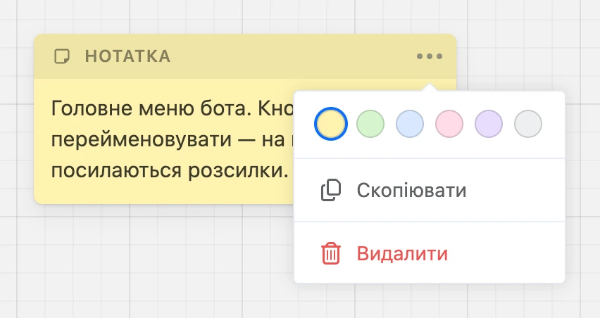 Нотатка з відкритим меню «⋯»: кольори, «Скопіювати» і «Видалити»