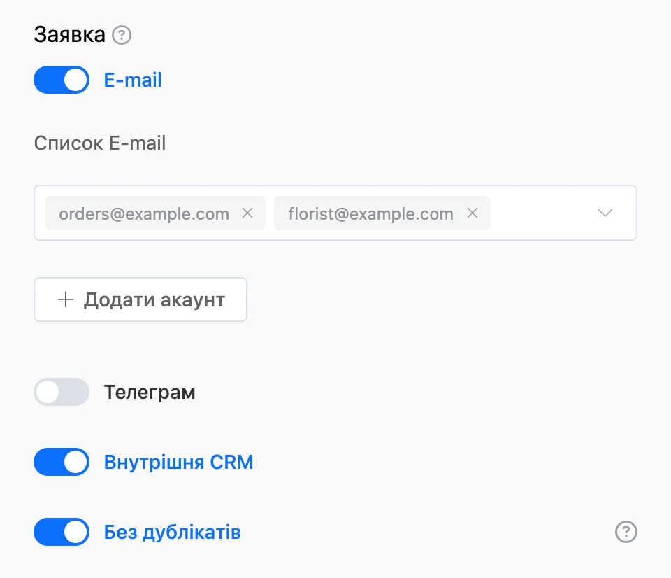 Блок «Заявка»: увімкнено Email із двома отримувачами, внутрішню CRM і «Без дублікатів»