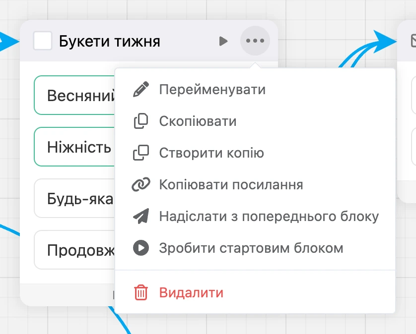 Меню «⋯» у шапці блока: перейменувати, скопіювати, створити копію, посилання, надіслати з попереднього блока, стартовий блок, видалити