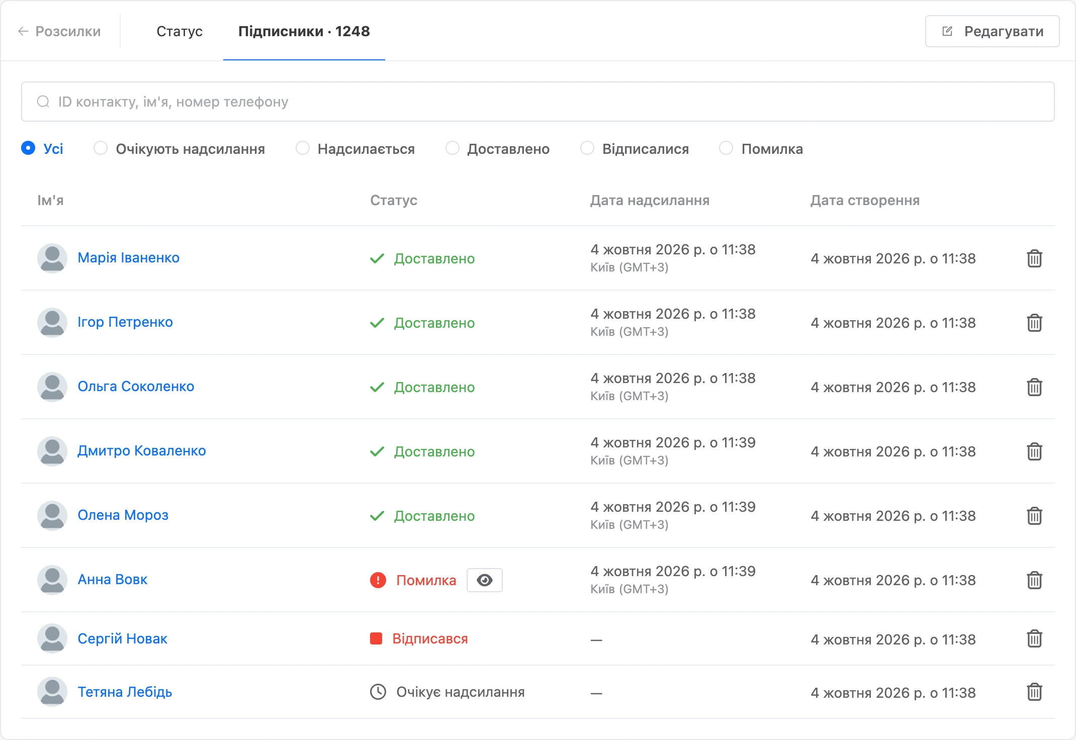 Вкладка «Підписники»: пошук, фільтр за станом, отримувачі зі станом і часом надсилання