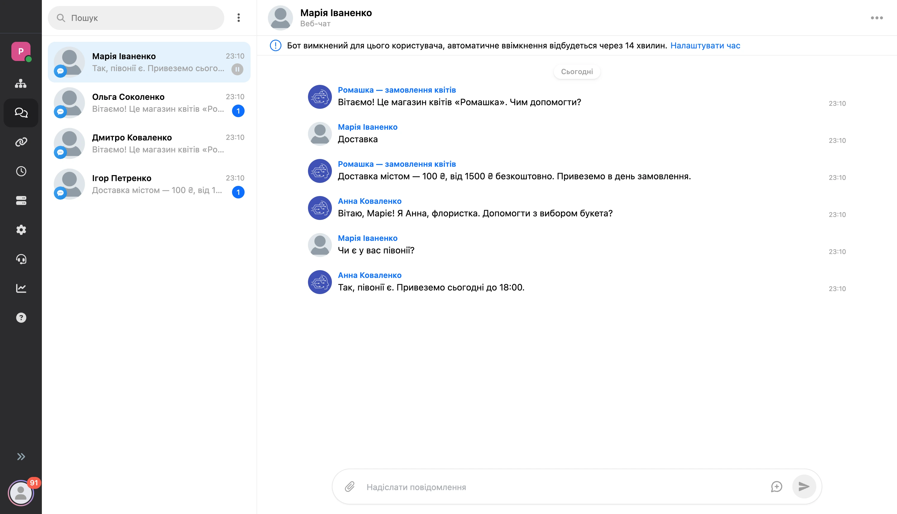 Розділ повідомлень: список діалогів, листування та картка контакту