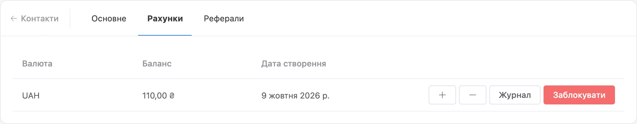 Вкладка «Рахунки»: рахунок контакту з балансом і кнопками