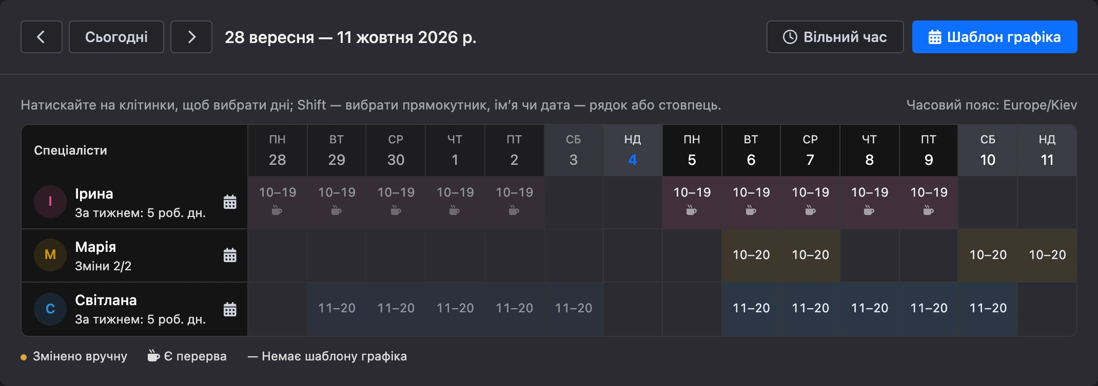 Таблиця графіка спеціалістів